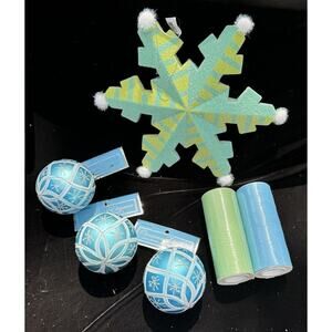 Beautiful Seasons Cannon Falls Blue & Green Snowflake Tulle & Ornament Lot -Ch12